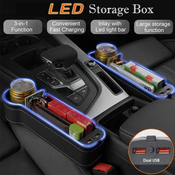 Spalvinga LED Šviesos Automobilių Įskilimų Saugojimo dėžė su 2 USB Įkroviklis Sėdynės Skirtumas Plyšio Kišenės Sėdynių Organizatorius Kortelės Telefono Butelis Puodelių Laikiklis