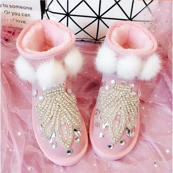 Rožinė vidurio vamzdis perlas, kalnų krištolas kailio kamuolys priedai custom modelius ir blauzdos sniego batai kailio vieno didelio dydžio moteriški batai 35-44