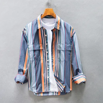 Rudenį, Žiemą Naujas Vyrų Dryžuotas Prarasti Atsitiktinis Marškinėliai Multi-pocket Medvilnės Lašas Pečių Mados Viršų AZ195