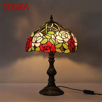 SOURA Tiffany Stalo Lempa LED Kūrybos Rožių Gėlių Stiklo Stalas Šviesos Mados Namų Dekoro Kambarį Miegamojo Lovos
