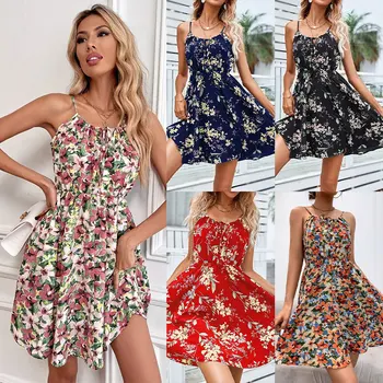 2023 vasarą Europos ir Amerikos moterų naujos mados gėlių slydimo suknelė be rankovių elastinga juosmens trumpas sijonas moterims