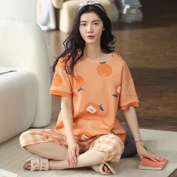 Oranžinė Moterų Pižama Kostiumas Korėjos Versija Kawaii Orange Manga Naktiniai Drabužiai Vasaros Cool Medvilnės Trumpomis Rankovėmis Pižamos