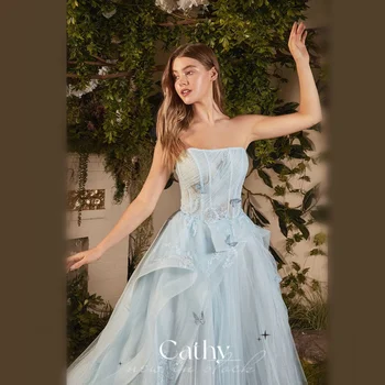 Cathy Fėja-line vakarinę Suknelę 3D Drugelis Embroid Promenadzie Suknelė Stebėjimo Vestidos De Fiesta Saldus Tiulio Vestidos De Noche