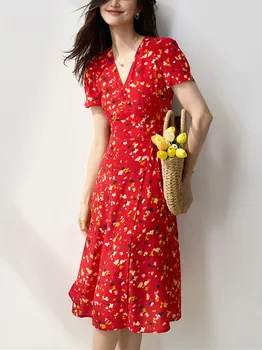 Raudona Moterų Vienas Gabalas Wrap Suknelė Gėlių Spausdinti V-kaklo, Nėriniai-up trumpomis Rankovėmis Vasarą 2023 metų Moteris Rūbeliai