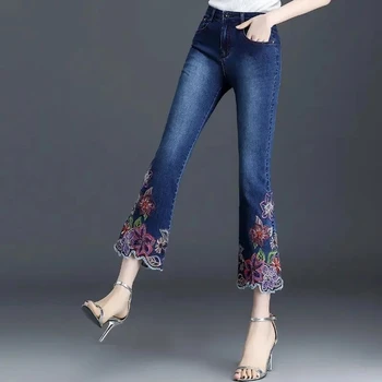 Derliaus Siuvinėjimo Micro-Užsiliepsnojo Kelnės Moterims Slim Atsitiktinis Moteris, Džinsai Korėjos Harajuku Mados Aukštos Juosmens Džinsai Apkarpyti Kelnės