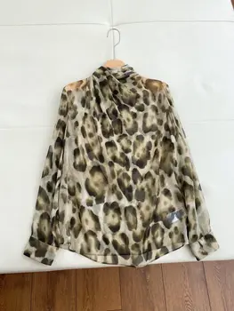 2023 naujas moterų mados ilgomis rankovėmis seksualus atsitiktinis leopardas spausdinti šilko marškinėliai 0505