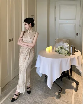Žakardo Vėliavos Kinų Stiliaus Pagerėjo Skraiste Suknelė 2023 Vasaros Sutraukiamas Dirželiu Padalinta Suknelė moteriški Drabužiai