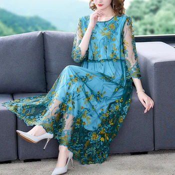 Moterų Mėlyna Siuvinėjimo Tinklelio, Tuščiaviduriai Iš Sexy Midi Suknelė Pavasario Vasaros Mados Šviesos Paplūdimio Suknelė 2023 Korėjos Elegantiškas Prarasti Vestidos