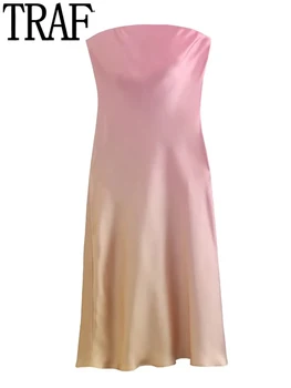 TRAF Kaklaraištis Dažų Satino Suknelė Moteris Off Peties Ilgio Suknelės Moterims 2023 Rožinė Backless Seksualus Korsetas Suknelė Elegantiškas Šalis Suknelės