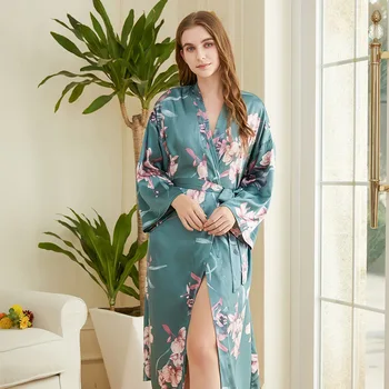 Naujas Spausdinti Moterų Pižamą Šilko Vidutinio Ilgio Sleepwear Sexy Nėrinių Chalatas ilgomis Rankovėmis Pižama Grakštus Loungewear moterims