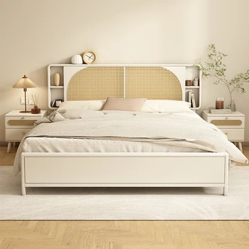 Austi rotango medžio masyvo lova kremas vėjo 1,8 m dvigubo šviesos baltos spalvos Šiaurės paprastas Japonų 1.5 m aukščio sandėliavimo rotango lova