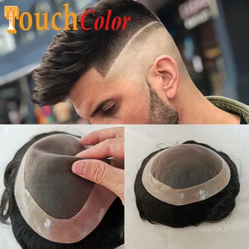 Toupee Vyrų Plaukų Endoprotezavimo Sistemos Vienetas Patvarus Mono & Pu Žmogaus Plaukų Toupee Gamtos Valsčiaus Vyrų Plaukų Perukas Protezavimas TouchColor