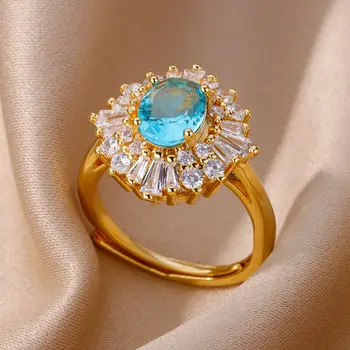 Prabanga Mėlyna Cirkonis Gėlių Žiedai Moterų Auksu Aukščio Nerūdijančio Plieno Piršto Žiedą 2023 Tendencija Vestuvių Papuošalai anillos