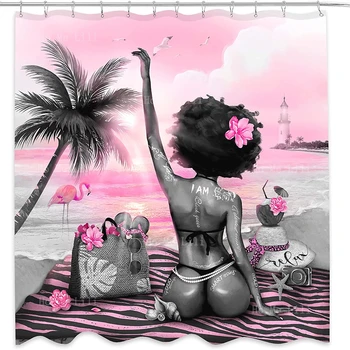 Rožinė Vonios Kambarys Dekoro Beach Temą Vasaros Shell Atogrąžų Palmių Havajai Afrikos Amerikos Įkvepiantį Juoda Mergina Dušo Užuolaidos