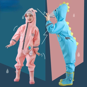1-10 Metų amžiaus Vaikai Lietpaltis Vaikų Berniukų, Mergaičių Vandeniui Jumpsuit Gobtuvu vientisas Animacinių filmų Dinozaurų Kūdikių Rainwear ir Kelnės