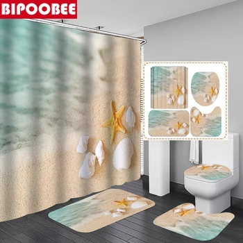 3D Vasaros Paplūdimio Vonios kambario Dušo Užuolaidose Namų Dekoro Medžiaga Vonia Užuolaidų Žvaigždė Shell Marina Vonios Kilimėlis Kilimas Tualeto Dangčio Dangtis