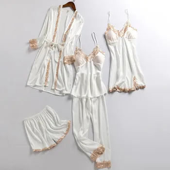 5VNT Nustatyti Pižama Atsitiktinis Sleepwear Moterims, Satino Chalatas Kimono Nėrinių Suknelė Kratinys naktiniai drabužiai Pavasarį, Rudenį Naujos Pižamos Kostiumas