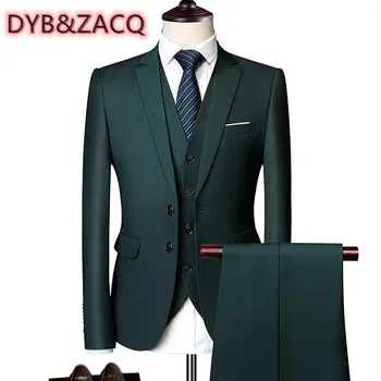 DYB&ZACQ (Švarkas+ Kelnės + Liemenė)vyrų Vestuvių Kostiumą Mados vyriški Slim vientisos Spalvos, Verslo Biuro Kostiumas Rinkiniai Didelio Dydžio Vyrai
