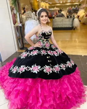 Juoda Charro Quinceanera Suknelės Kamuolys Suknelė Brangioji Raukiniai Appliques Reljefiniai Meksikos Saldus 16 Suknelės 15 Anos